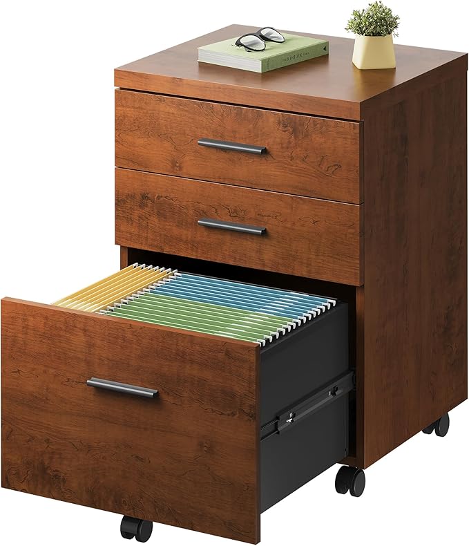 DEVAISE 3 Drawer File Cabinet for Home Office, Wood Under Desk Filing Cabinet, Rolling Printer Stand with Wheels, Walnut