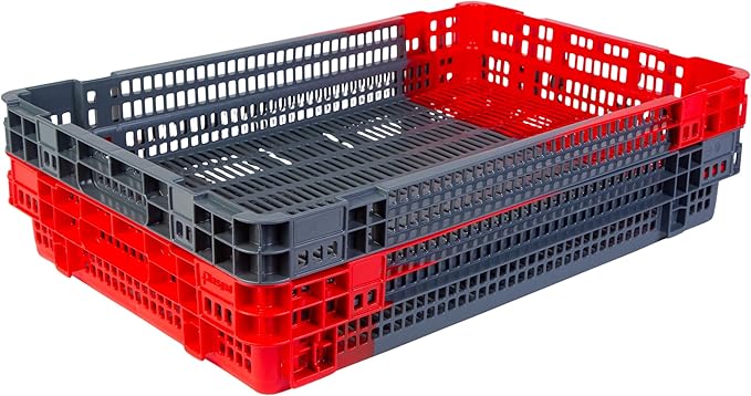 Hudson Exchange 23.5 x 15.75 x 4" (4.9 Gallon, 5 Pack) Agricultural Nest and Stack Vented Crate Handled Storage Container Tote, Red/Black