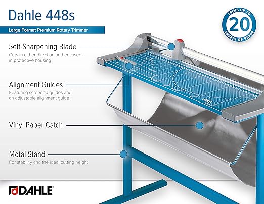 Dahle 448s Premium Rotary Trimmer w/Stand, 51" Cut Length, 20 Sheet Capacity, Self-Sharpening, Automatic Clamp, German Engineered Paper Cutter