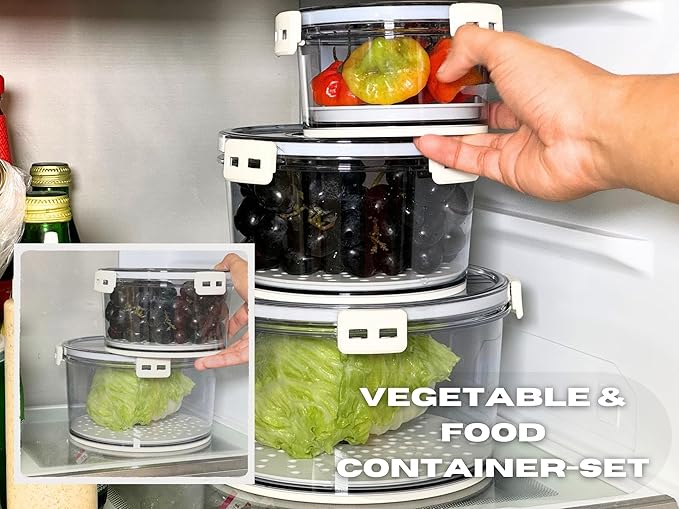 Lettuce Keeper for Refrigerator with Lids Lettuce Crisper 3-Piece Set Date Chronograph Airtight BPA-Free Removable Drain Tray and Air Vents