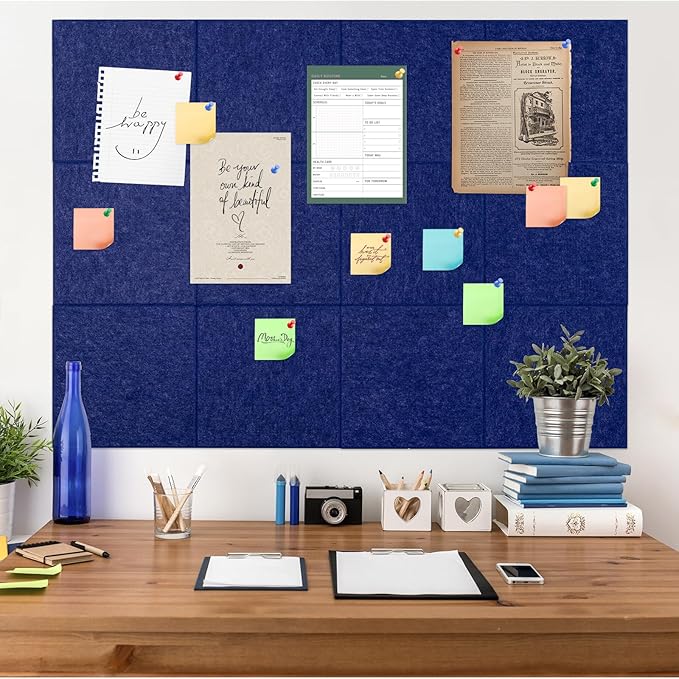 Large Cork Board Alternative, 12 Pack Felt Board with Safe Removable Adhesive Tabs Felt Wall Tiles, Large Cork Boards for Walls, Cork Board for Home Office, Pin Boards for Walls, Royal Blue