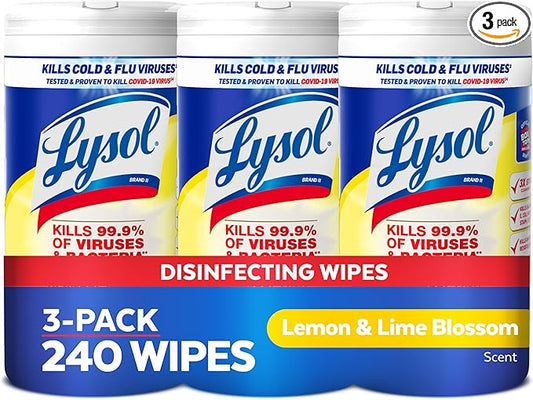 Lysol Disinfectant Wipes, Multi-Surface Antibacterial Cleaning Wipes, For Disinfecting and Cleaning, Lemon and Lime Blossom, 80 Count (Pack of 3)