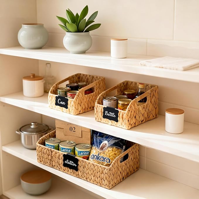 Wicker Baskets for Organizing,Pantry Baskets with Built-in Handles, Handwoven Wicker Storage Basket, Water Hyacinth Storage Bins for Shelves, 3 Pack, Natural 2 Set
