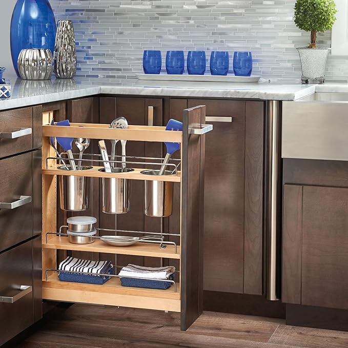 Rev-A-Shelf 5" Pull Out Storage Organizer for Base Kitchen w/ Soft-Close, Sliding Shelves for Utilities, Utensils or Spices, 448UT-BCSC-5C