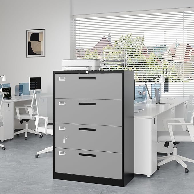 4 Drawer File Cabinet, Lateral Filing Cabinets for Home Office, Office Storage Drawers with Lock, Hanging Files Legal/Letter A4 Size (Assemble Required,Black Grey)