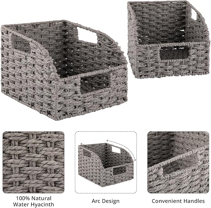 OIAHOMY Pantry Baskets for Organizing, Paper Rope Baskets with Built-in Handles, Wicker Storage Bins for Shelves, 2 Pack-Grey
