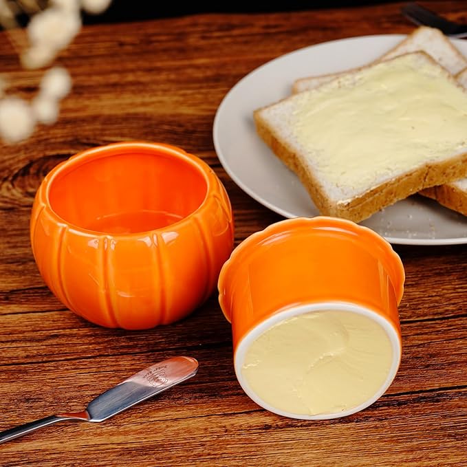 SETRON Halloween Pumpkin Butter Crock, Ceramic Butter Keeper with Lid, Airtight French Butter Crock for Countertop Storage, Butter Dish for Spreadable Butter, Perfect Gift for Kitchen