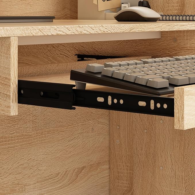 ECACAD Oak & White Reception Desk with Keyboard Tray, Retail Counter with Cabinet, Checkout Counter Table for Office Clinic Retail Lobby Salon