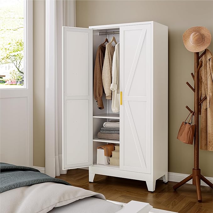 Farmhouse Wardrobe Cabinet,Metal Wardrobe Closet with Hanging Rod,Metal Armoire with Adjustable Shelves for Bedroom,Living Room, Cloak Room,Office (White)