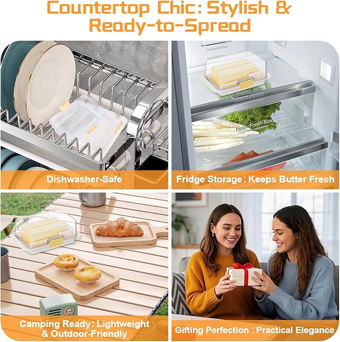 White Airtight Butter Dish with Lid for Countertop, Stylish Container with Cutter Knife, Large Capacity Stick Holder for East/West Coast Butter, Keeper&Tray Fit Refrigerator or Camping Use