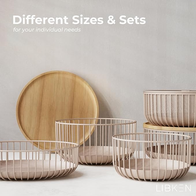 Fruit Basket for Kitchen - Multi-Purpose Stackable Basket with Wooden Lid - Powder Coated Metal and Rubber Wood - Wire Baskets for Organizing - Minimal Design - 11.4''x11.4''x4.5'' - Peach