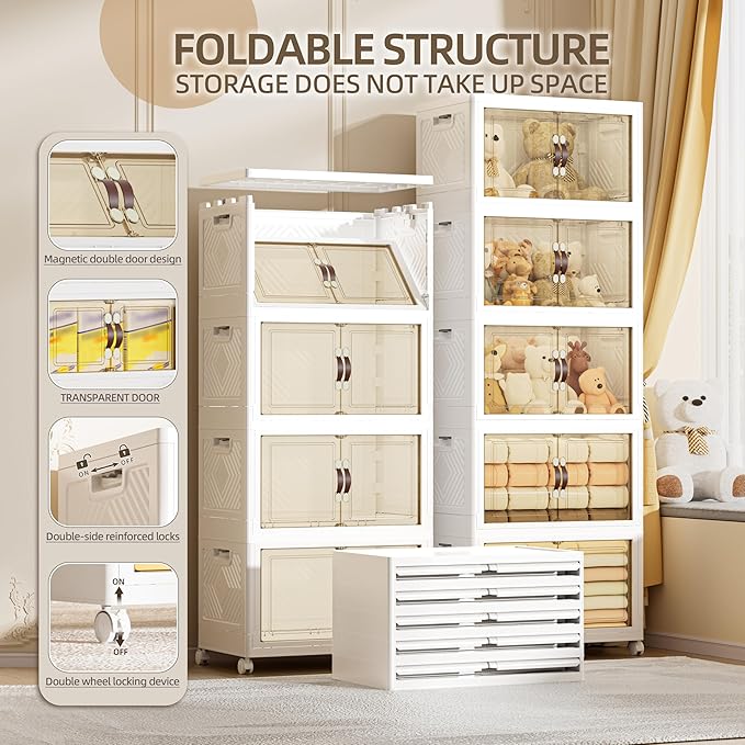 332 QT / 83 Gal Extra Wide Foldable Plastic Cabinet with Double Magnetic Doors & Leather Handles - Stackable, 4 Locking Wheels, Space Saving Storage for Small Spaces