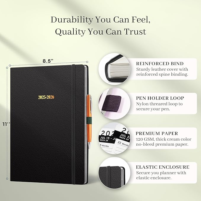 Ensight 2025-2026 HARDCOVER Leather Planner Weekly & Monthly - 8.5x11 Inches - Academic Planner Business Personal or Student - Pen Holder, Thick Paper, July 2025 - June 2026 (Black)