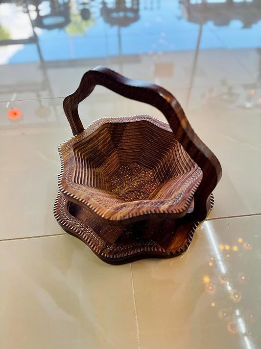 Handmade 14″ Collapsible Wooden Basket, Single Bowl Flower Design in Himalayan Rosewood, Fruit Basket, Bread Bowl & Trivet, Folds Flat for Easy Storage – Unique Centerpiece & Gift