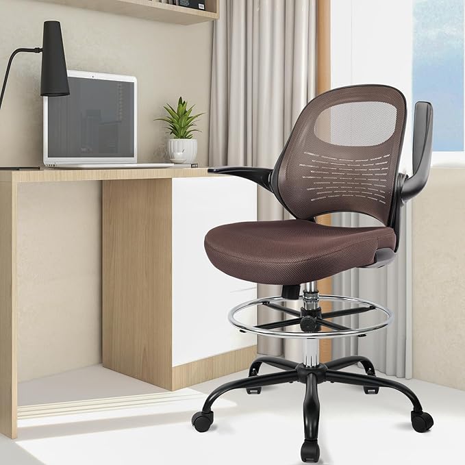 HYLONE Tall Drafting Chair Standing Desk Chair with Flip-Up Armrests, Adjustable Height Ergonomic Office Chair with Footrest Ring - High Stool Chair for Standing Desk (Brown)