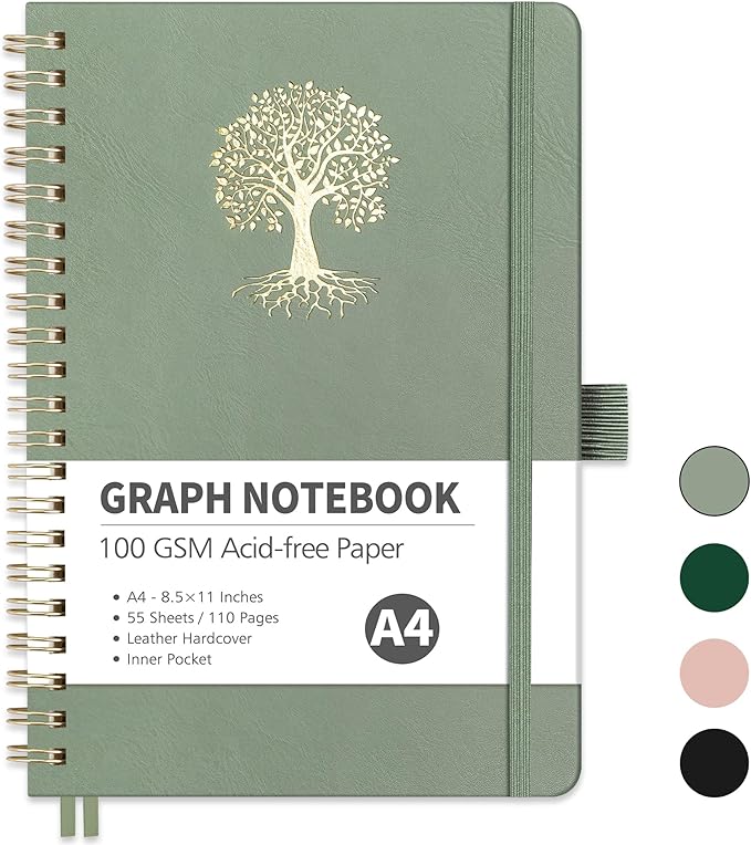 RETTACY Graph Grid Paper Notebook, 110 Pages, A4 Large Size (8.5'' × 11''), 5 Squares per Inch, Leather Hardcover, 100 GSM Thick Paper, for School, Students, Math, Engineering (Light Green)