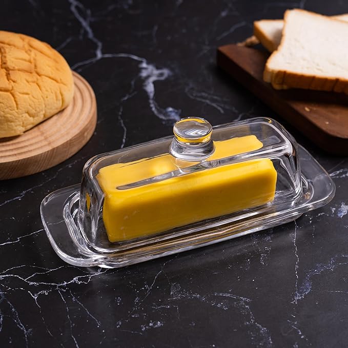 Glass Butter Dish with Cover, Clear Crystal Butter Holder Tray with Lid for Countertop Refrigerator