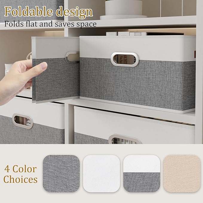 Yawinhe Fabric Storage Baskets, Foldable Closet Organizer for Shelves, Large Boxes with 3 Handles, Canvas Bins for Clothes, White/Grey, 12.99''Lx9.05''Wx7.87''H, 4-Pack