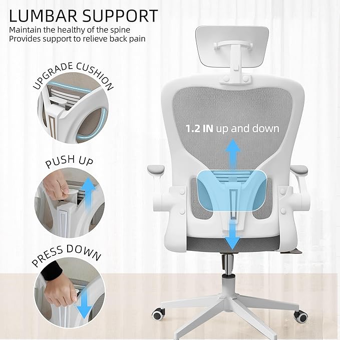 Ergonomic Office Chair, High-Back Mesh Computer Desk Chair with Adjustable Height, Lumbar Support, Flip-Up Armrests,headrest，and Swivel Rolling Design for Home and Office Use
