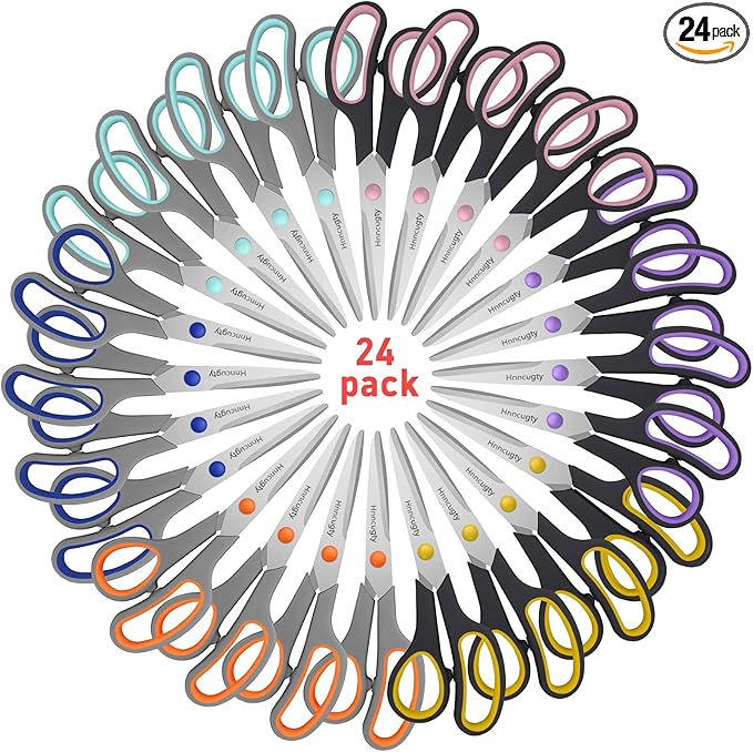 Scissors for Office School Supplies, Hnncugty 8" Scissors All Purpose Bulk Set of 24-Pack, Sharp Shears for Home Craft Sewing Fabric, Middle School Student Teacher Supplies, Comfort Right/Left Handed