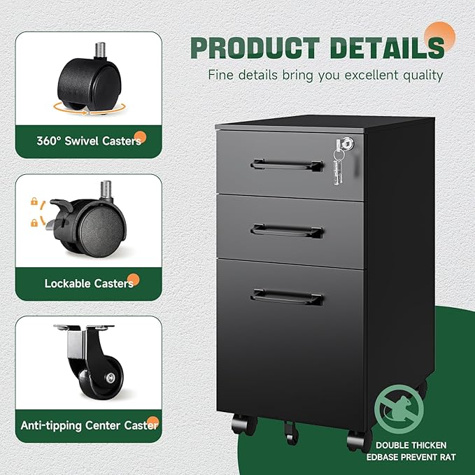 Letaya 3 Drawer Mobile File Cabinet with Lock,Under Desk Metal Filing Cabinets for Home Office Organizer,Small Rolling Printer Stand with Wheels,for Letters/Legal/A4(Assembly Required) (Black)