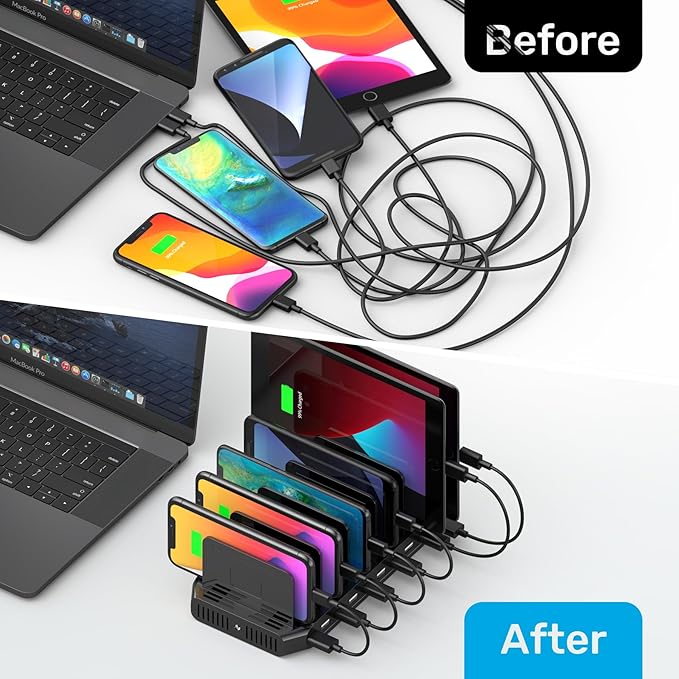 Unitek USB Charging Station, 10 USB Fast Ports Charge Docking Station and Adjustable Dividers, Multi Device Charger Organizer Compatible with iPad, iPhone, Tablet and Cell Phone