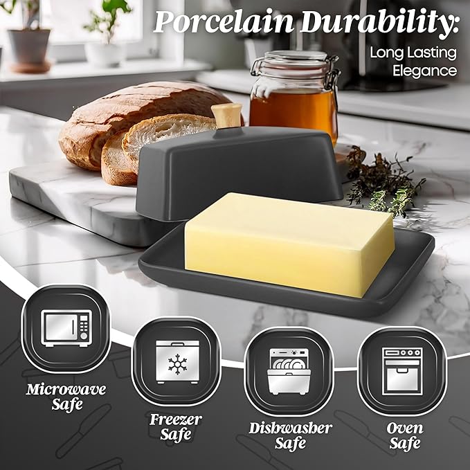 Flexzion Ceramic Gray European Butter Dish with Lid for Countertop (8 Inch) - Wide 2 Stick Double Butter Holder for Counter, Cream Cheese Container Storage Keeper