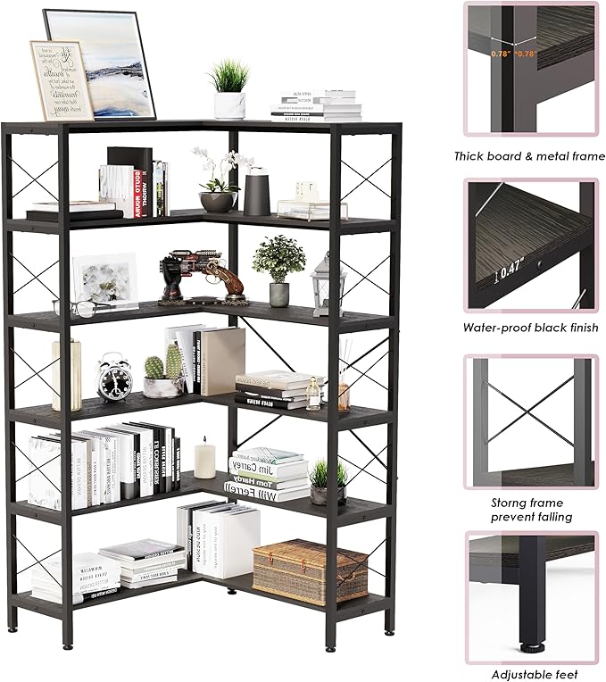6-Shelf Corner Bookshelf, Vintage Industrial Corner Bookshelf Etagere Bookcase, Large Book Shelf with Metal Frame Open Storage CornerCabinet (Black, Small)