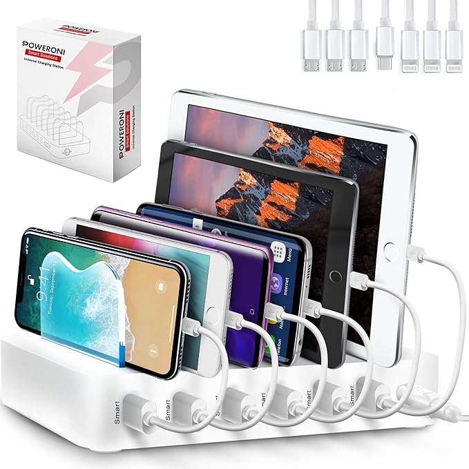 USB Charging Dock - 6-Port Universal Charging Station for Multiple Devices - Multi Device Charger Station - Compatible with Apple, iPad, iPhone, and Android Cell Phones and Tablets