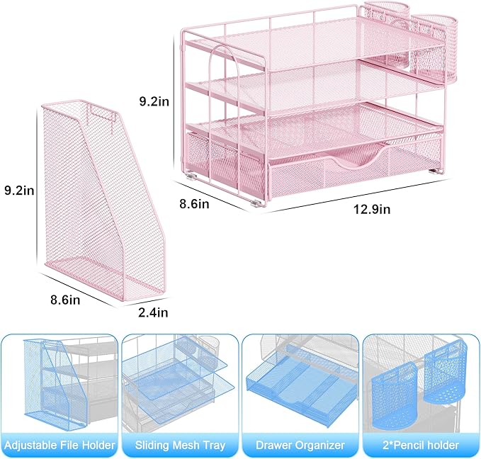 gianotter Desk Organizers and Accessories with File Holder, 4-Tier Desk Accessories & Workspace Organizers with Drawer and 2 Pen Holder, Paper Organizer for Office Supplies (Pink)