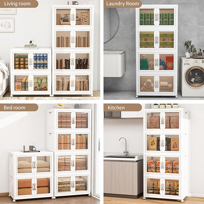 Large Clear Stackable Storage Bins with Lids, Foldable Storage Cabinet for Closet Organizers and Storage, Plastic Storage Box with Wheels 628 QT