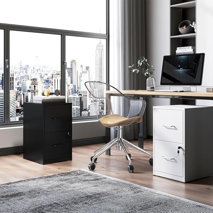 2 Drawer File Cabinet with Lock, Vertical Metal Filing Cabinet Under Desk Storage, Small Locking File Cabinets for Home Office, Legal Letter Folders Storage, Easy Assemble(White)