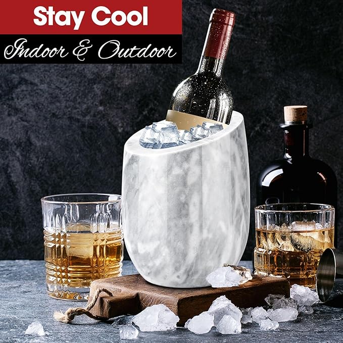 Flexzion Marble Wine Chiller Bucket – White Wine Cooler & Champagne Bucket for Bar Cart Decor, Kitchen & Parties – Gifts for Men, Women & Enthusiasts – Fits 750ml Bottles