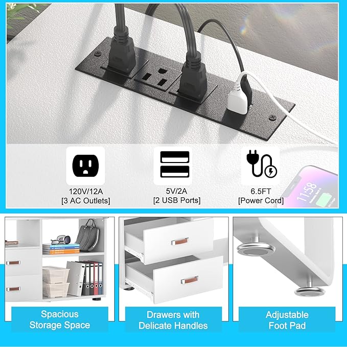 Homieasy L Shaped Desk with File Cabinet & Power Outlet, Reversible 55 Inch Large Corner Computer Desks with LED Strip, L-Shaped Desk with Drawers and Storage Shelves for Home Office, White
