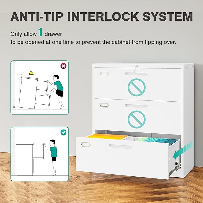 SISESOL 3 Drawer Lateral File Cabinet with Lock,White Lateral Filing Cabinet,Horizontal Metal Filing Cabinet,Locked Wide Three Drawer File Cabinet for Office Home,Fit A4/F4/Letter/Legal File