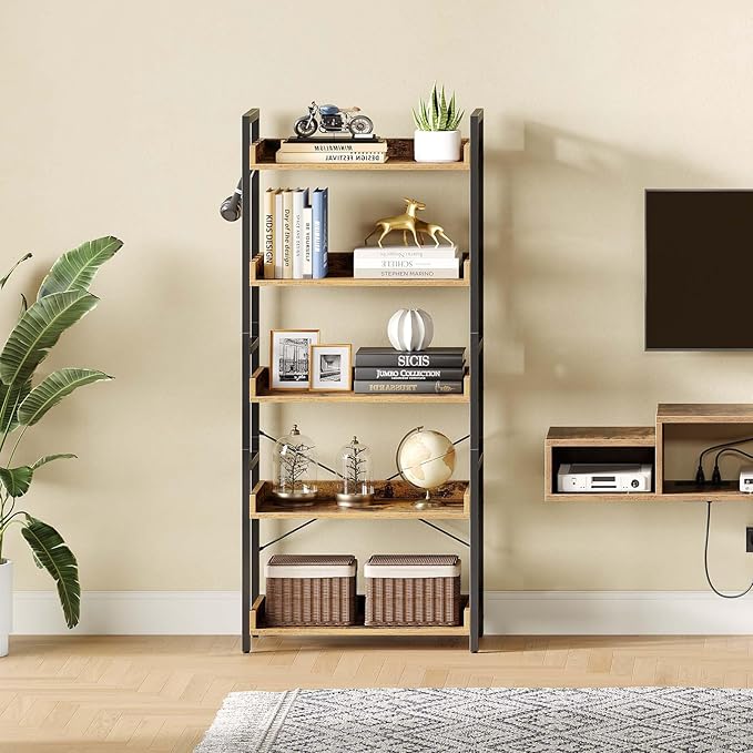 Rolanstar Bookshelf 5 Tier with 4 Hooks, Industrial Wood Bookcase, Vintage Storage Rack with Open Shelves, Rustic Standing Bookshelves Display Rack for Living Room, Bedroom, Rustic Brown