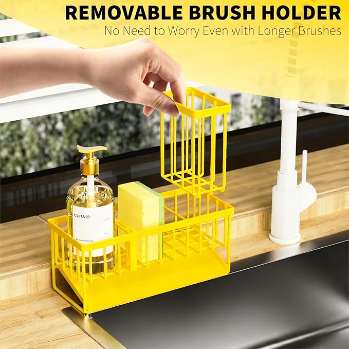 Cisily Yellow Sink Caddy Organzier with High Brush Holder, Sponge Holder for Sink, 304 Rustproof Stainless, Kitchen Countertop Soap Dispenser Organizer,Yellow Kitchen Decor and Accessories