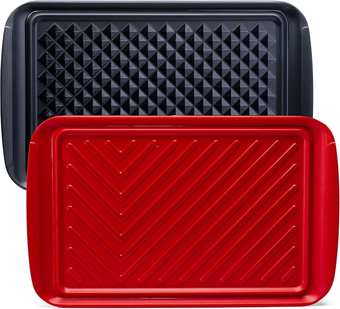 BBQ Tray for Raw Meat Prep and Cooked Food, Grill Prep and Serve Trays, Melamine Serving Trays and Platters for Food, Unbreakable Party Tray, Set of 2, Black and Red