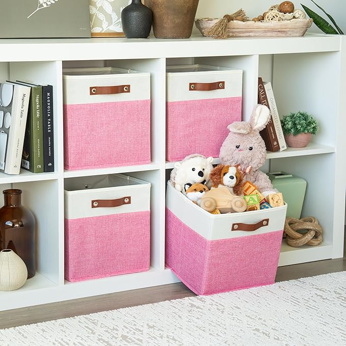 OrganiHaus 11" x 11" x 11" Fabric Cubes Storage Bins Set of 4, Foldable Collapsible Canvas Storage Bins for Organizer, Toy Organizer for Kallax, 11 Inch Linen Cube Shelf Baskets - Pink/White