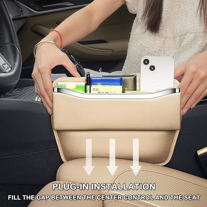HOLDCY Car Seat Gap Filler Organizer - Leather Console Side Pocket Seat Storage - Stylish and Practical Car Accessories for Cars,SUV,Truck (Beige - 2 Pack)
