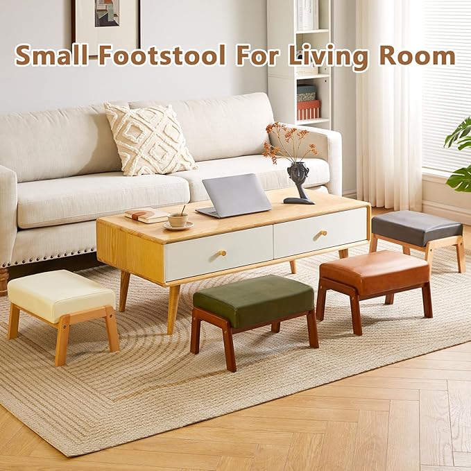 IBUYKE 10.2” H Small Foot Stool Ottoman, Rectangle PU Faux Leather Foot Rest with Padded Seat and Wood Legs, Modern Accent Ottoman Foot Rest for Living Room Bedroom Couch Office, Grey WBD013G