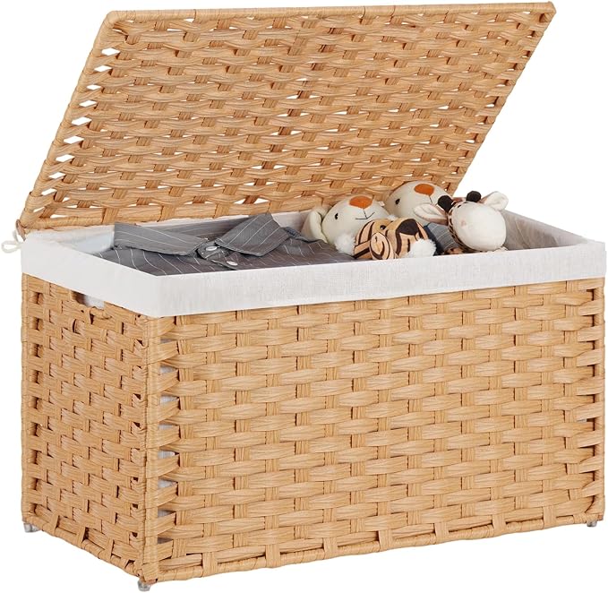 Large Storage Basket with Lids Handmade Woven Storage Basket for Organizing Blanket, 22"*13.4"*13.4"Foldable Storage Bin with Handles, Removable Liner, Basket for Bedroom, Laundry Room, Home(Natural)