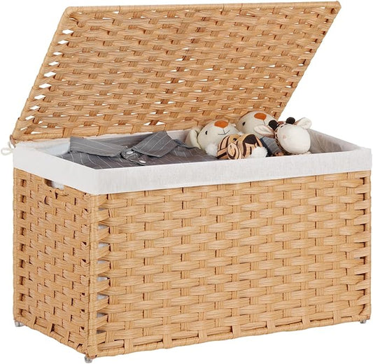 Large Storage Basket with Lids Handmade Woven Storage Basket for Organizing Blanket, 22"*13.4"*13.4"Foldable Storage Bin with Handles, Removable Liner, Basket for Bedroom, Laundry Room, Home(Natural)