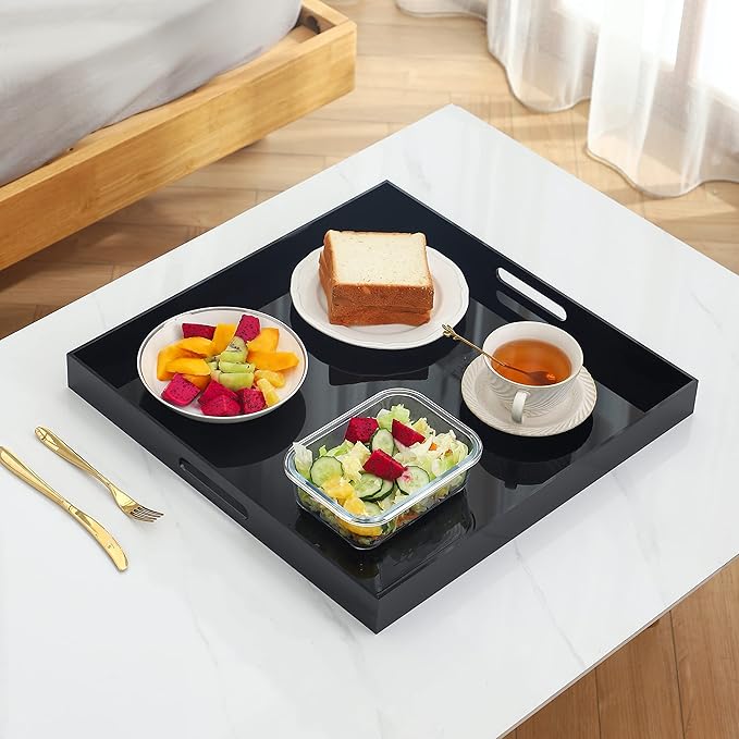 Black Oversize Acrylic Serving Tray with Handles 20x20 Inch -Spill Proof- Decorative Trays Countertop Organizer for Ottoman,Nightstand, Sidetable, Butler (20x20 Inch, Black)