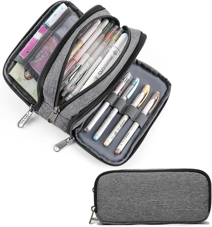 Della Gao Big Capacity Pencil Case, Aesthetic Pencil Pouch with 3 Compartments Large Pencil Bag Nylon Storage Pen Bag Office Stationery Organizer for Women and Men - Grey