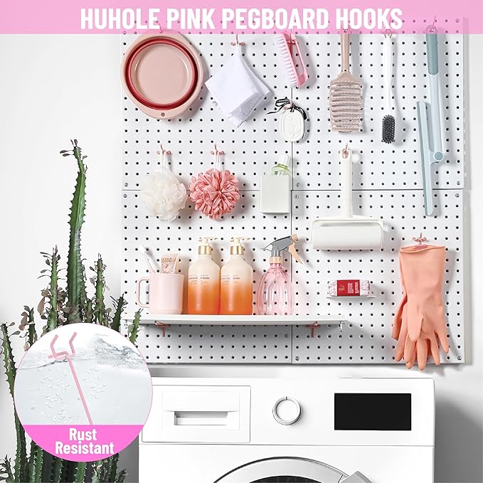HUHOLE Pegboard Hooks 2 Inch 50PC, Pink Peg Board Hooks, Fit 1/4" or 1/8" Pegboard, Ideal Peg Board Organizer Accessories for Wall Display, Crafts Organization, Kitchen Organizer (Pink, 2 Inch)