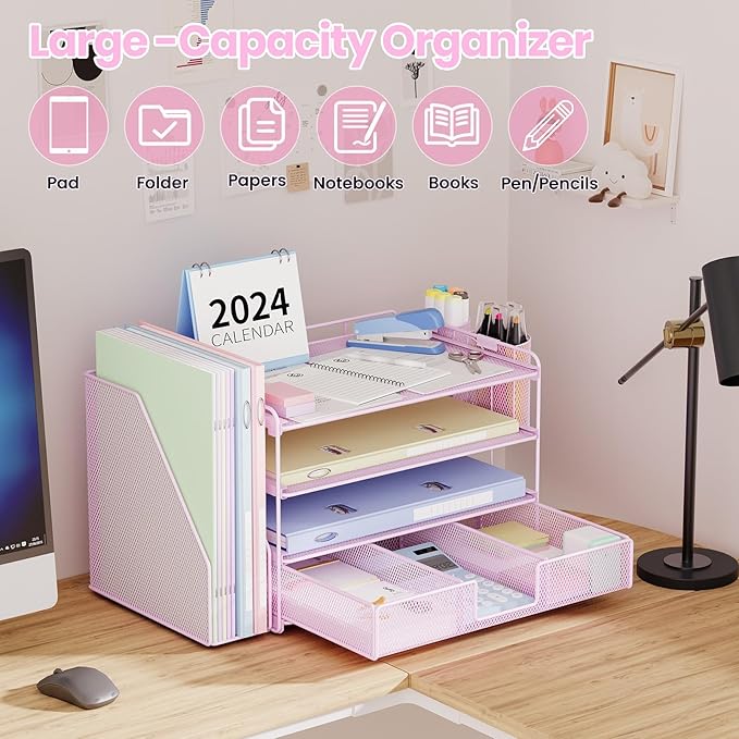Desk Organizer and Accessories, 4-Tier Desktop File Organizer with Drawer and 2 Pen Holders, Office Desk Accessories for Office Supplies(Pink)