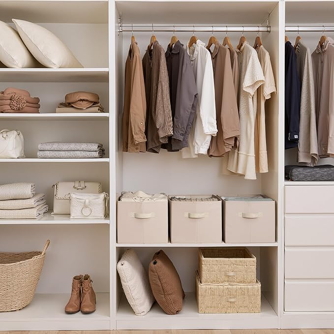 StorageWorks Storage Baskets for Shelves, Foldable Fabric Closet Storage Bins with Handles, Fabric Storage Bins Clothes Organizer, Light Brown, 3-Pack, Extra Large