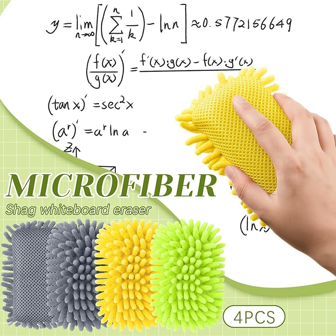 Zonon 4 Pieces Dry Erase Eraser Microfiber Shag Washable Whiteboard Eraser for Markers, Chalk, Classroom, Home and Office (Green,Yellow,Gray)