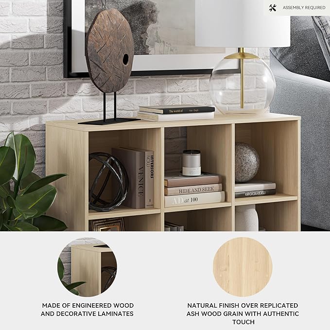 Signature Design by Ashley Piperton 3-Tier Floor Standing 6 Cube Organizer for Living Room, Wood, Works with 10.5" W x 10.5" D x 11" H Storage Bin (Sold Separately), Light Brown